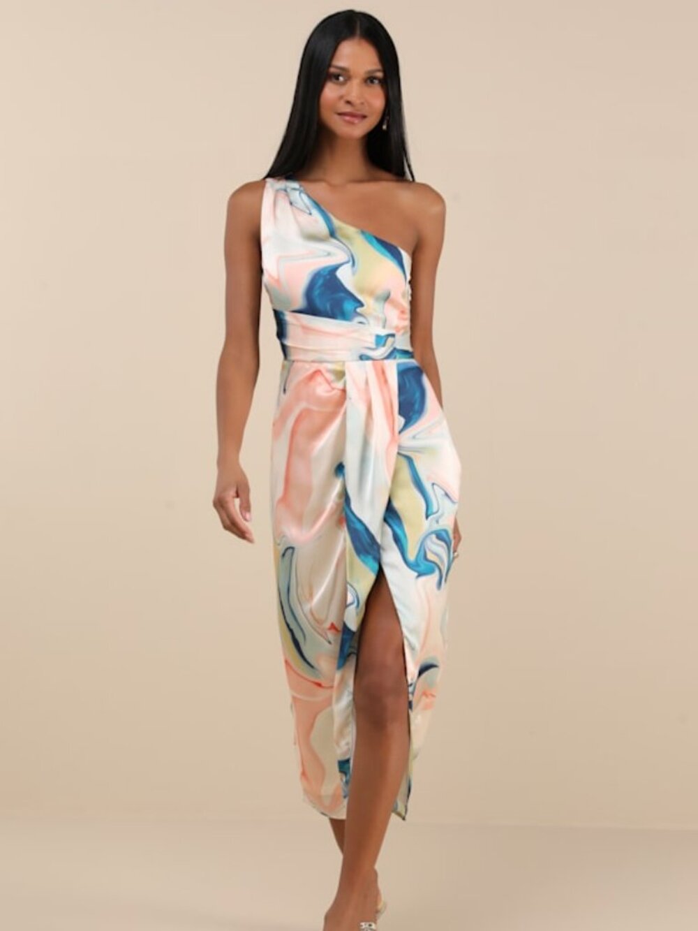 Lulus Rhema White Multi Abstract Print Satin Midi Dress - Size L